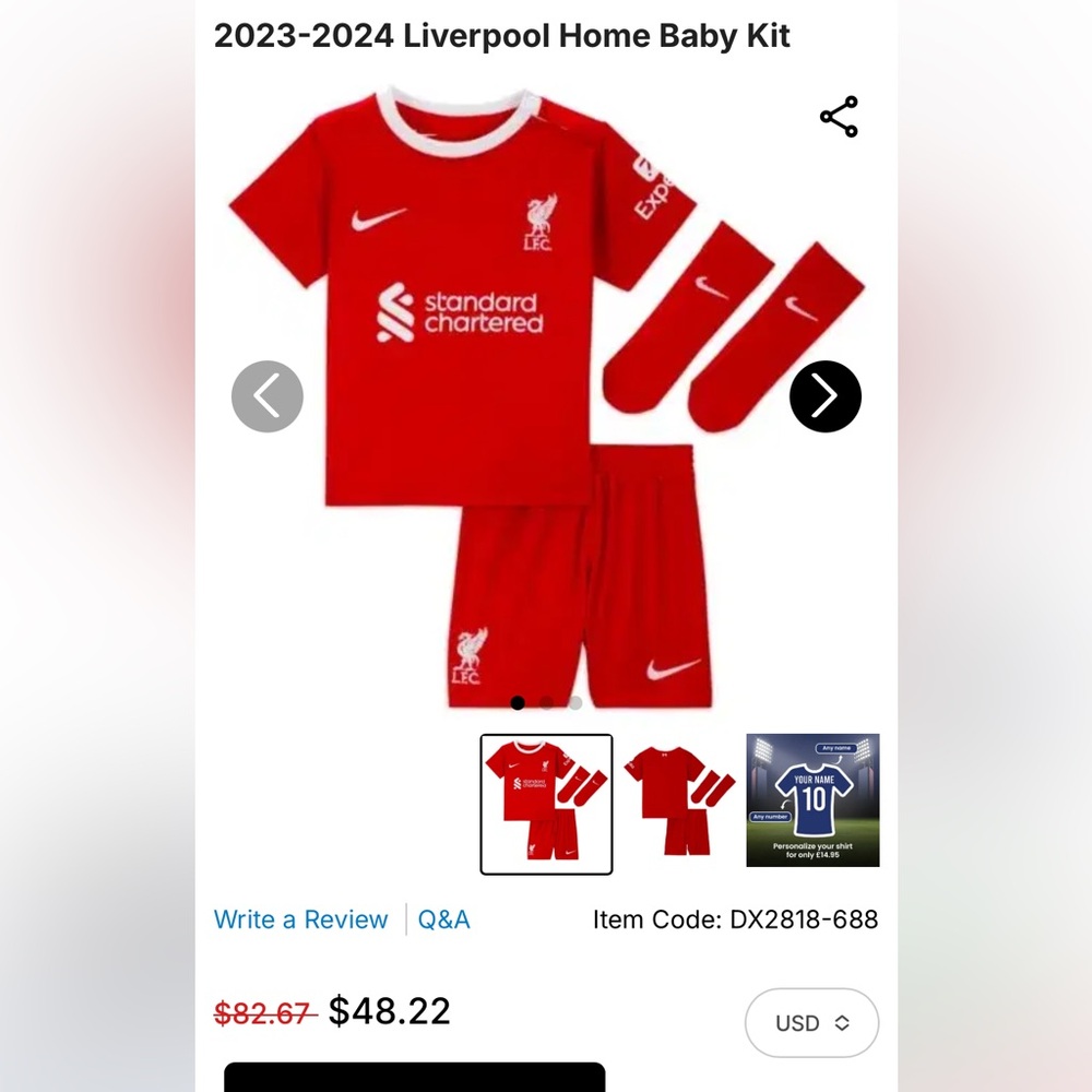 Liverpool LFC Nike Red Soccer Kit infant baby size 6-9 months